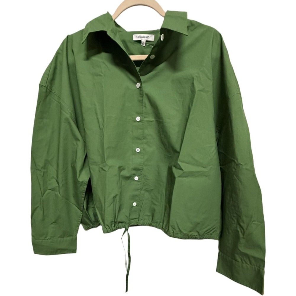Madewell Drawstring-Hem Cropped Shirt XL Garden Green Button Front Poplin NZ452 - Picture 6 of 10